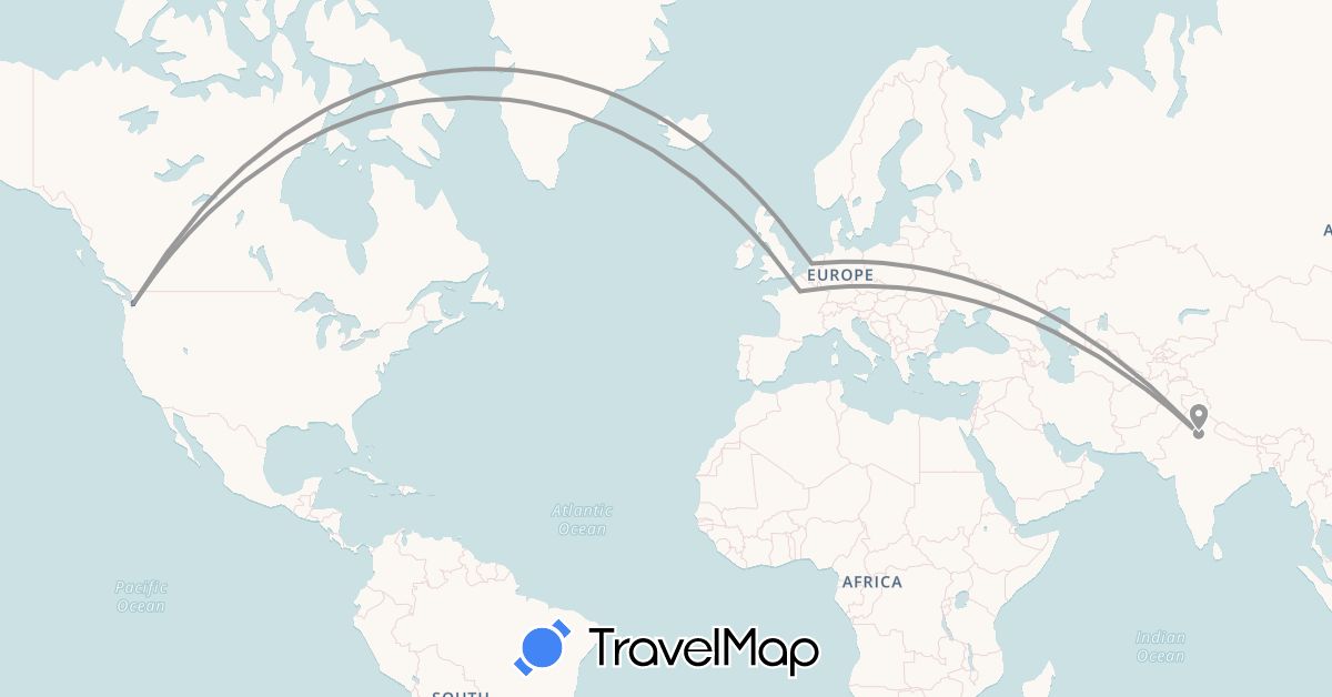 TravelMap itinerary: driving, plane in France, India, Netherlands, United States (Asia, Europe, North America)