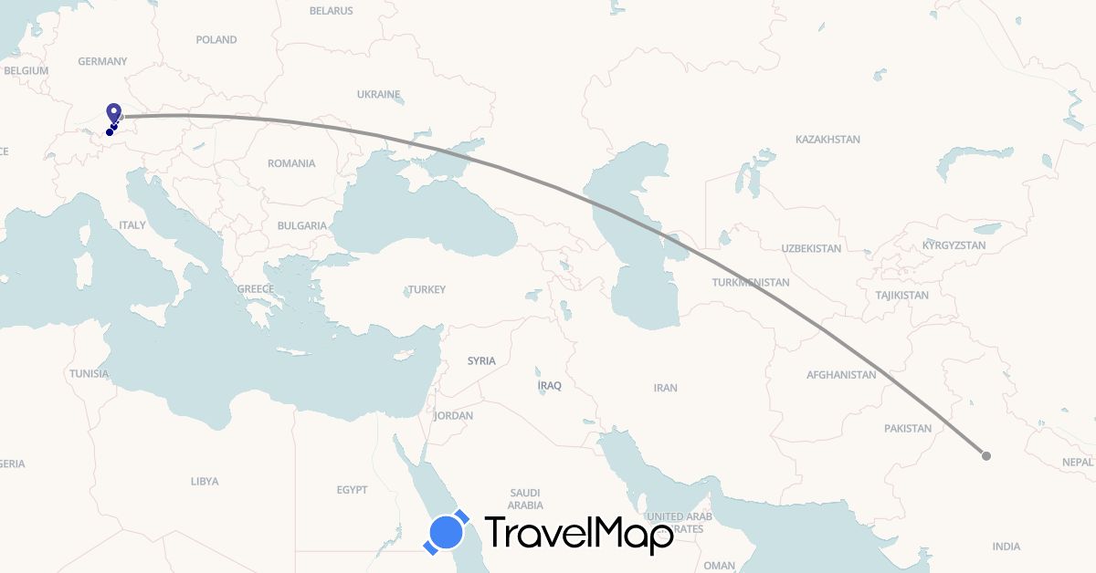 TravelMap itinerary: driving, plane in Germany, India (Asia, Europe)